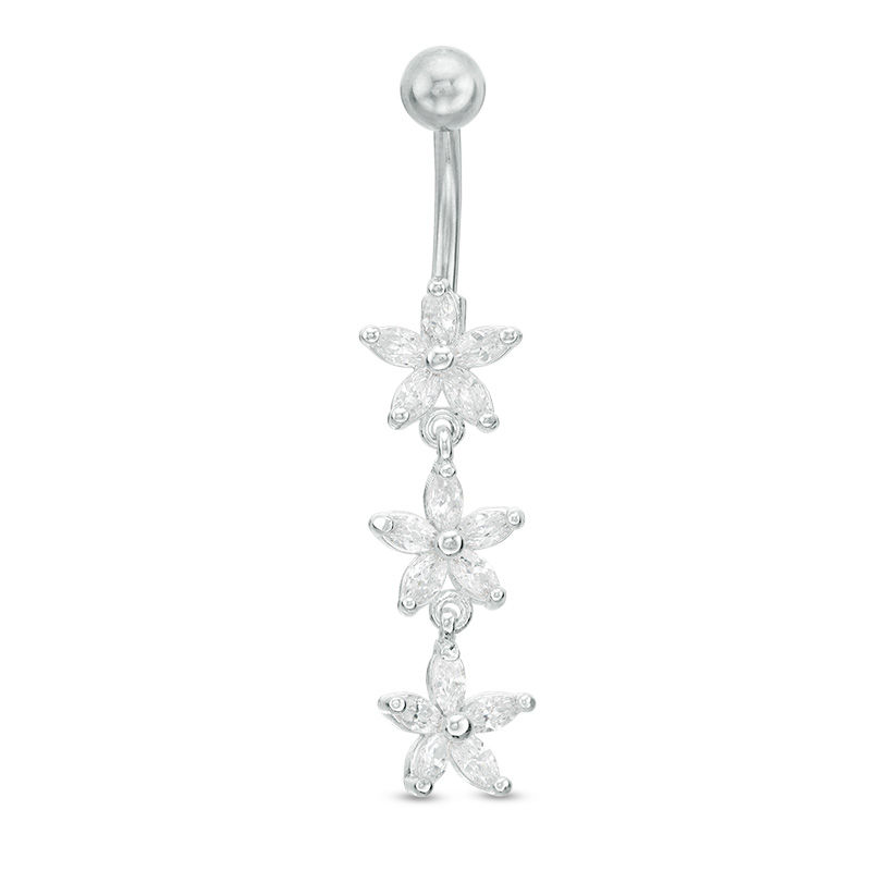 Solid Stainless Steel CZ Marquise Triple Flower Dangle Belly Button Ring - 14G
