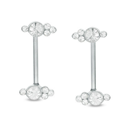 014 gauge Crystal Tri-Top Cluster Barbell Set in Stainless Steel