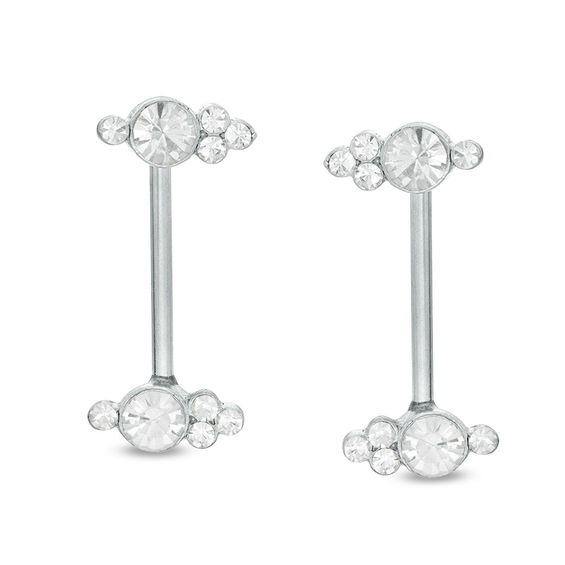 014 gauge Crystal Tri-Top Cluster Barbell Set in Stainless Steel