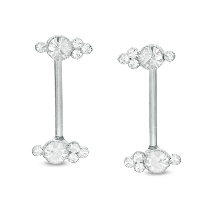 Main Image 1 of 014 gauge Crystal Tri-Top Cluster Barbell Set in Stainless Steel