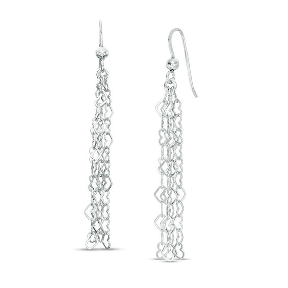 Heart Chain Tassel Drop Earrings in Sterling Silver