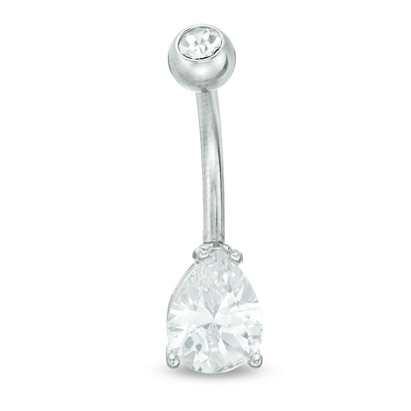 Solid Stainless Steel CZ Pear-Shaped Belly Button Ring - 14G