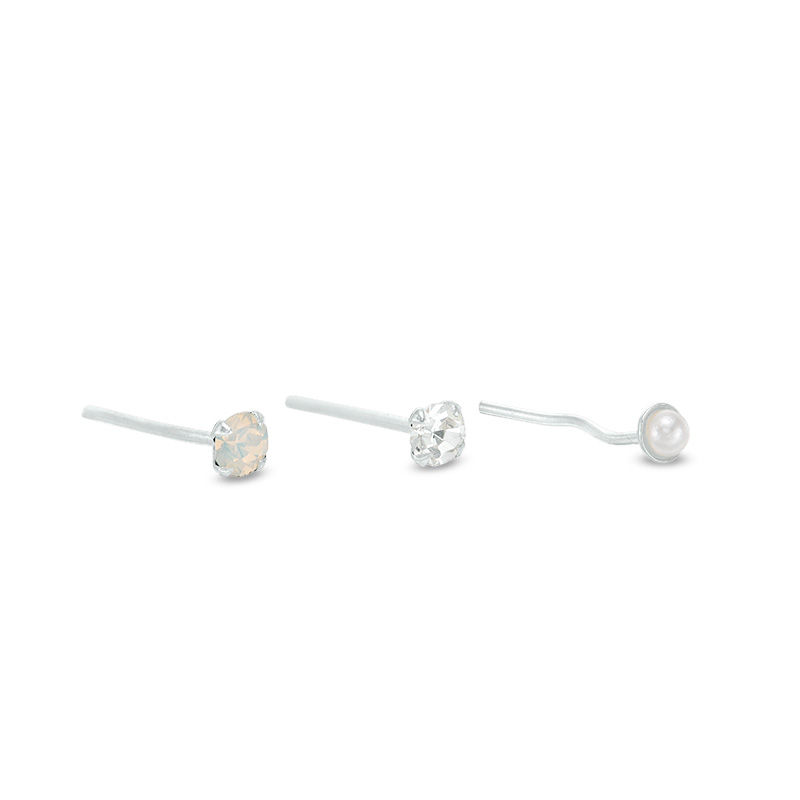 Main Image 1 of 020 gauge Cubic Zirconia Solitaire and Pearl Nose Stud Set in Sterling Silver
