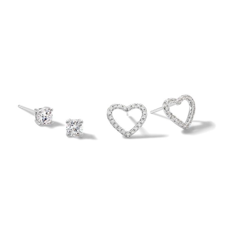 4mm Cubic Zirconia Solitaire and Heart Outline Stud Earrings set in Sterling Silver