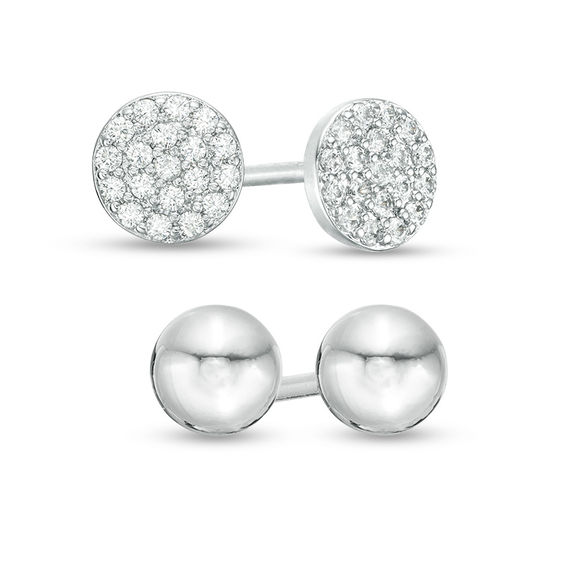 Cubic Zirconia Round Composite and Ball Stud Earrings Set in Sterling Silver