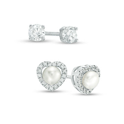 4mm Simulated Pearl Heart Frame and Cubic Zirconia Solitaire Stud Earrings Set in Sterling Silver