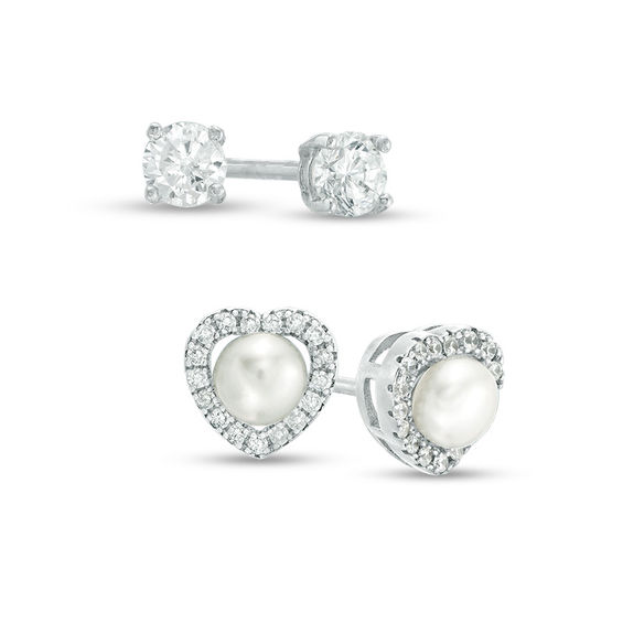 4mm Simulated Pearl Heart Frame and Cubic Zirconia Solitaire Stud Earrings Set in Sterling Silver