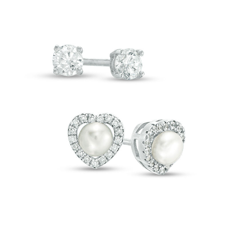 4mm Simulated Pearl Heart Frame and Cubic Zirconia Solitaire Stud Earrings Set in Sterling Silver
