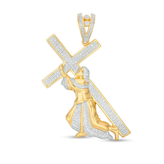 1/20 CT. T.W. Diamond Beaded Jesus with Cross Necklace Charm in Sterling Silver with 14K Gold Plate