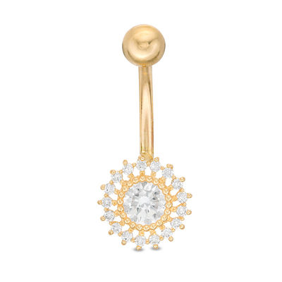 10K Solid Gold CZ Frame Sun Belly Button Ring - 14G 3/8"