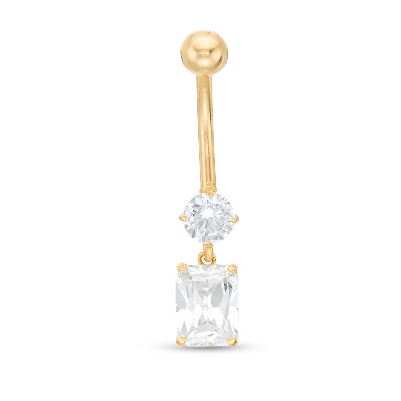 Main Image 1 of 014 gauge Emerald-Cut Cubic Zirconia Dangle Belly Button Ring in 10K Gold