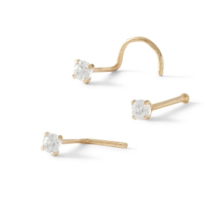 14K Semi-Solid Gold CZ Bone, L-Shape and Screw Nose Stud Set