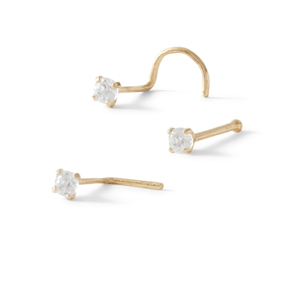 14K Semi-Solid Gold CZ Bone, L-Shape and Screw Nose Stud Set