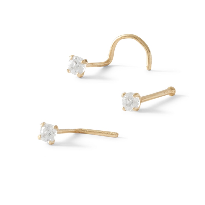 14K Semi-Solid Gold CZ Bone, L-Shape and Screw Nose Stud Set - 22G