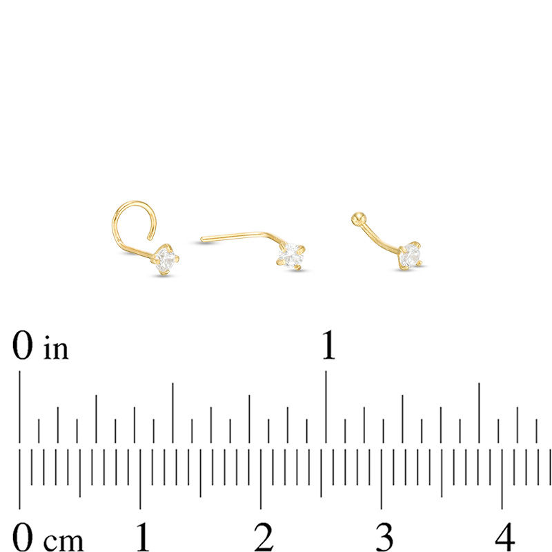 14K Semi-Solid Gold CZ Bone, L-Shape and Screw Nose Stud Set - 22G