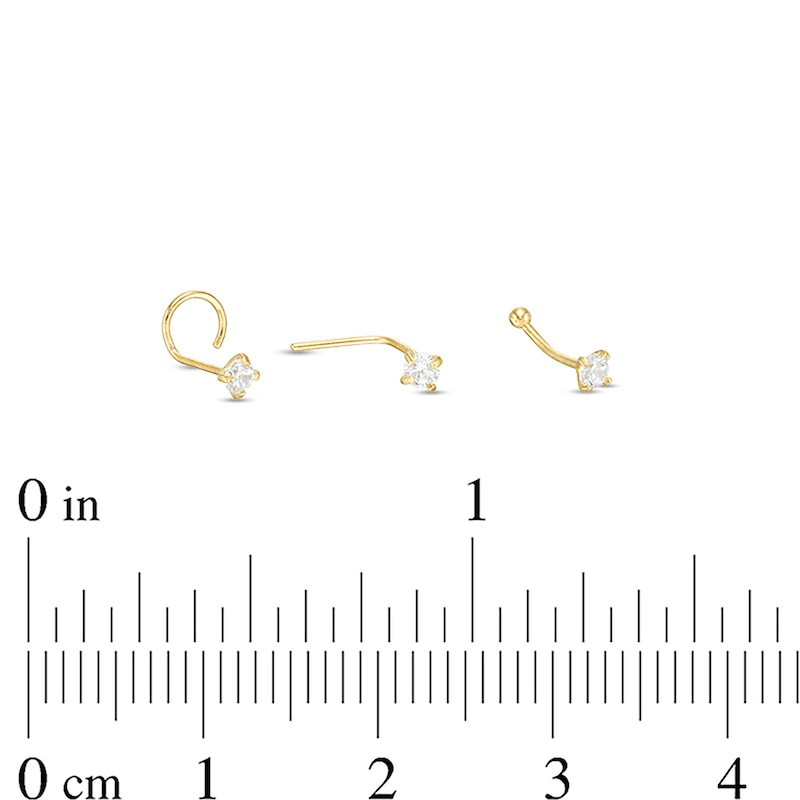 14K Semi-Solid Gold CZ Bone, L-Shape and Screw Nose Stud Set - 22G