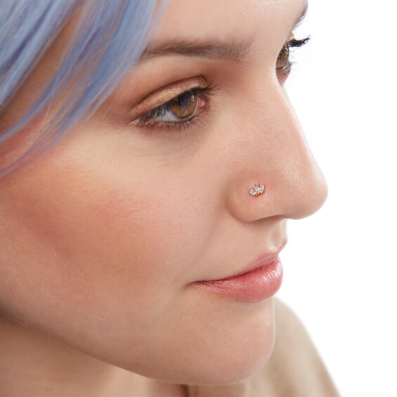 14K Semi-Solid Gold CZ Marquise Floral Screw Nose Stud - 22G