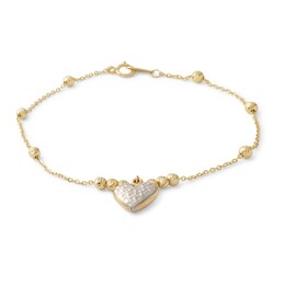 030 Gauge Bead Station with Heart Charm Bracelet in 10K Solid Gold - 7.5&quot;