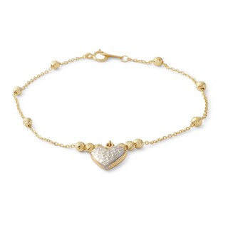 030 Gauge Bead Station with Heart Charm Bracelet in 10K Solid Gold - 7.5"