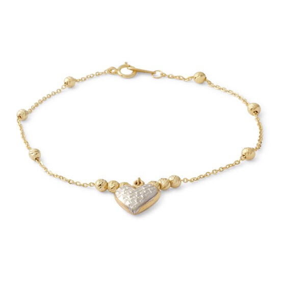 030 Gauge Bead Station with Heart Charm Bracelet in 10K Solid Gold - 7.5"