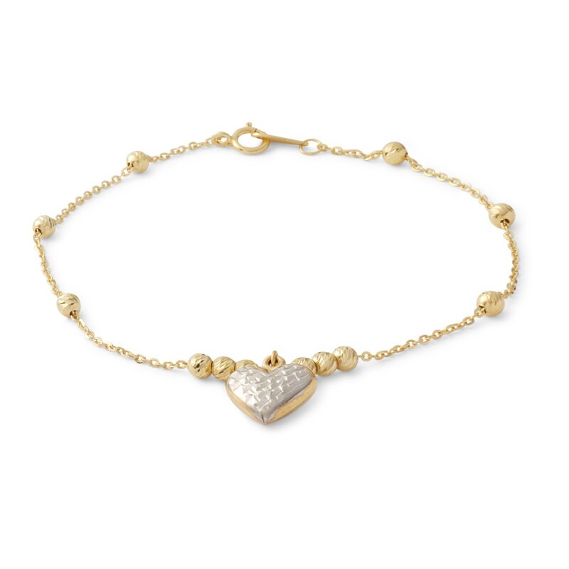 030 Gauge Bead Station with Heart Charm Bracelet in 10K Solid Gold - 7.5"