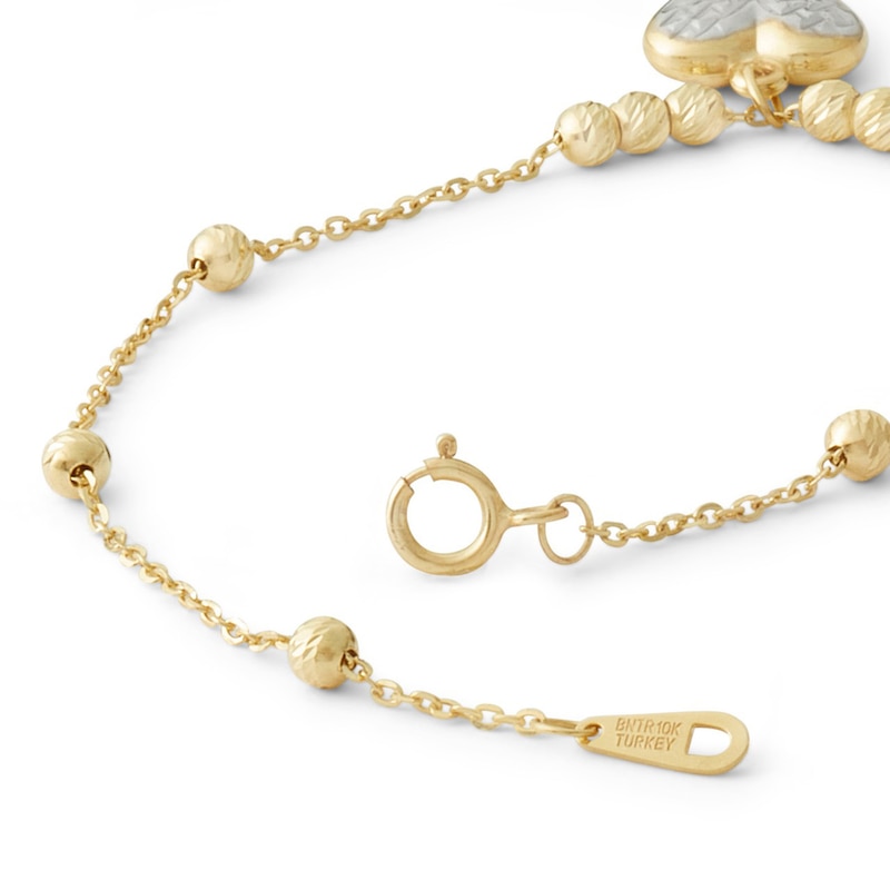 030 Gauge Bead Station with Heart Charm Bracelet in 10K Solid Gold - 7.5"