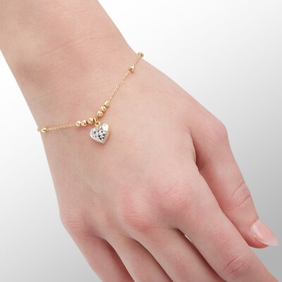 030 Gauge Bead Station with Heart Charm Bracelet in 10K Solid Gold - 7.5"