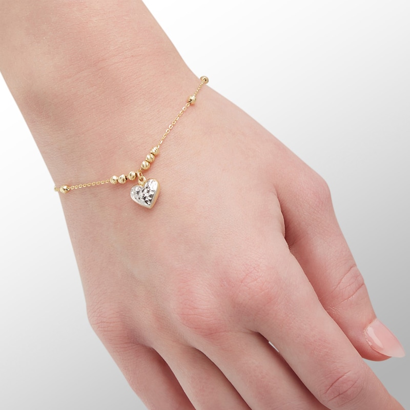 Main Image 3 of 030 Gauge Bead Station with Heart Charm Bracelet in 10K Solid Gold - 7.5"