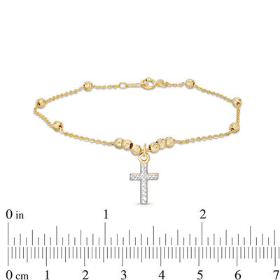 030 Gauge Bead Station with Cross Charm Bracelet in 10K Two-Tone Gold - 7.5"