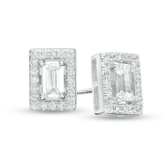 Emerald-Cut Cubic Zirconia Frame Stud Earrings in Sterling Silver