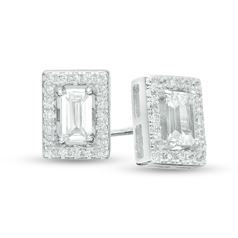 Main Image 1 of Emerald-Cut Cubic Zirconia Frame Stud Earrings in Sterling Silver