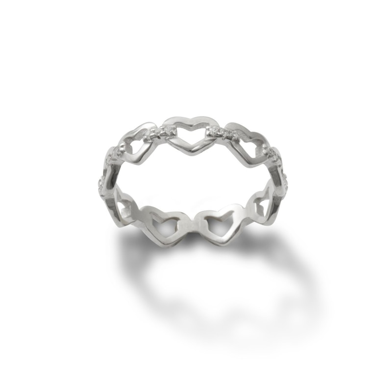 Cubic Zirconia Heart Link Ring in Solid Sterling Silver - Size 7