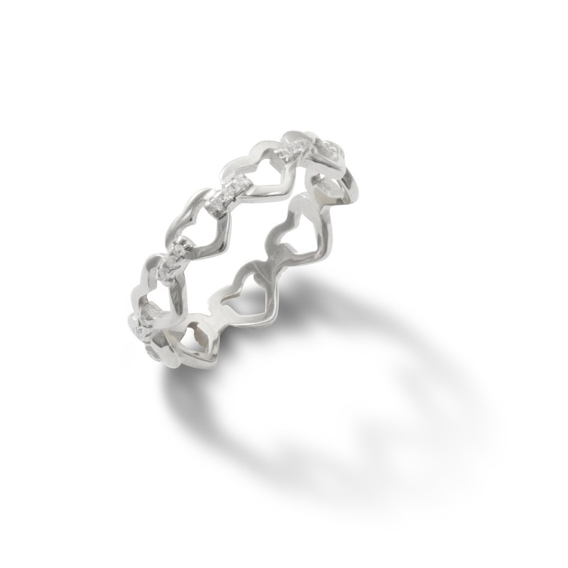 Cubic Zirconia Heart Link Ring in Solid Sterling Silver - Size 7