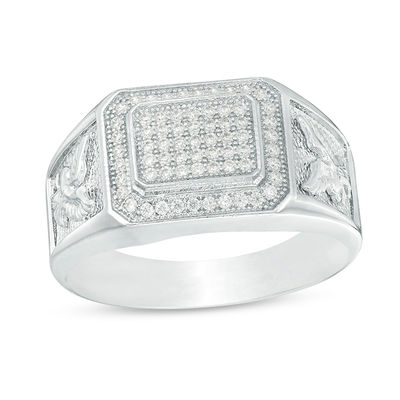 Cubic Zirconia Octagonal Cluster Frame Eagle Side Accent Ring in Sterling Silver - Size 10