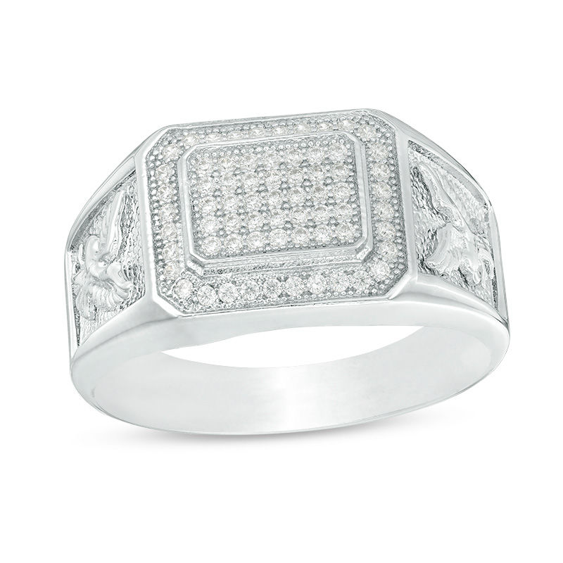 Cubic Zirconia Octagonal Cluster Frame Eagle Side Accent Ring in Sterling Silver - Size 10