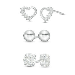 5mm Cubic Zirconia Solitaire, Shadow Heart and Ball Stud Earrings Set in Solid Sterling Silver