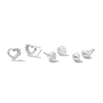 5mm Cubic Zirconia Solitaire, Shadow Heart and Ball Stud Earrings Set in Solid Sterling Silver