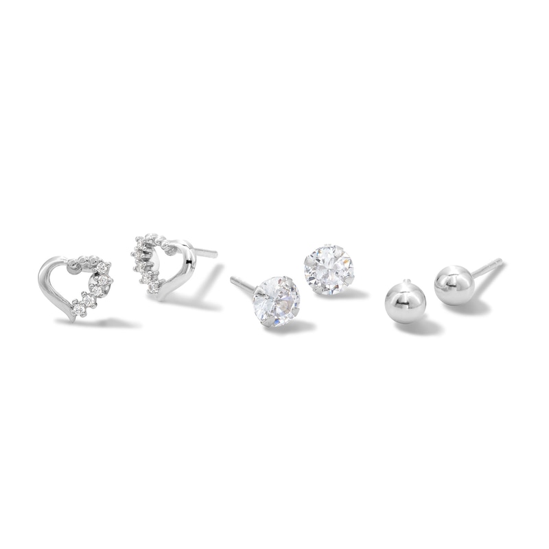 5mm Cubic Zirconia Solitaire, Shadow Heart and Ball Stud Earrings Set in Solid Sterling Silver