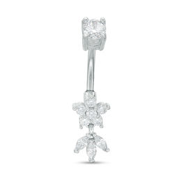 014 gauge Cubic Zirconia Flower and Leaf Trio Dangle Belly Button Ring in Solid Stainless Steel