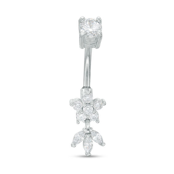 Solid Stainless Steel CZ Flower and Leaf Trio Dangle Belly Button Ring - 14G