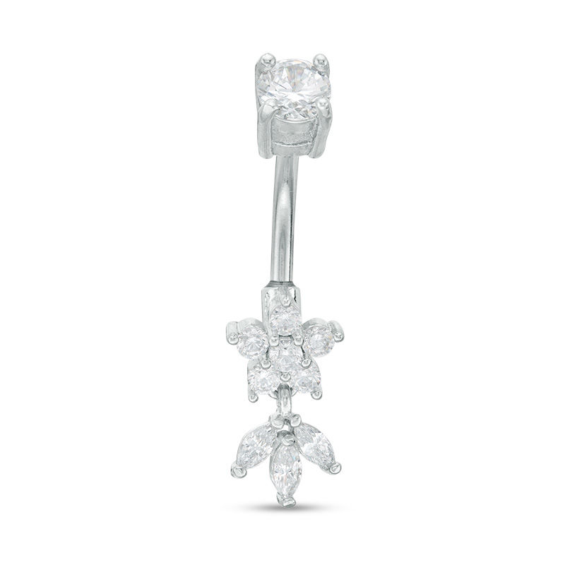 Main Image 1 of Solid Stainless Steel CZ Flower and Leaf Trio Dangle Belly Button Ring - 14G