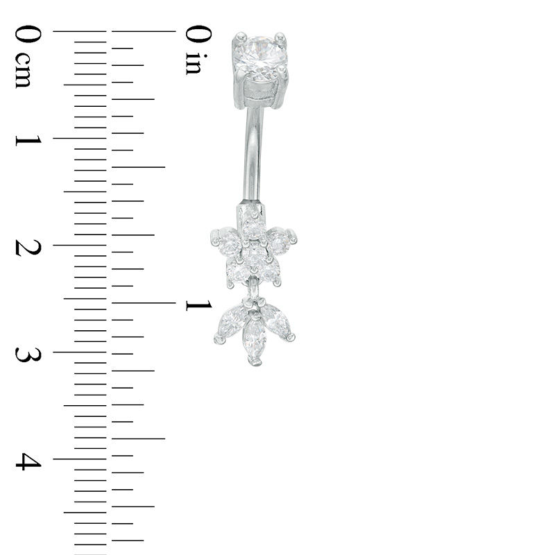 Solid Stainless Steel CZ Flower and Leaf Trio Dangle Belly Button Ring - 14G