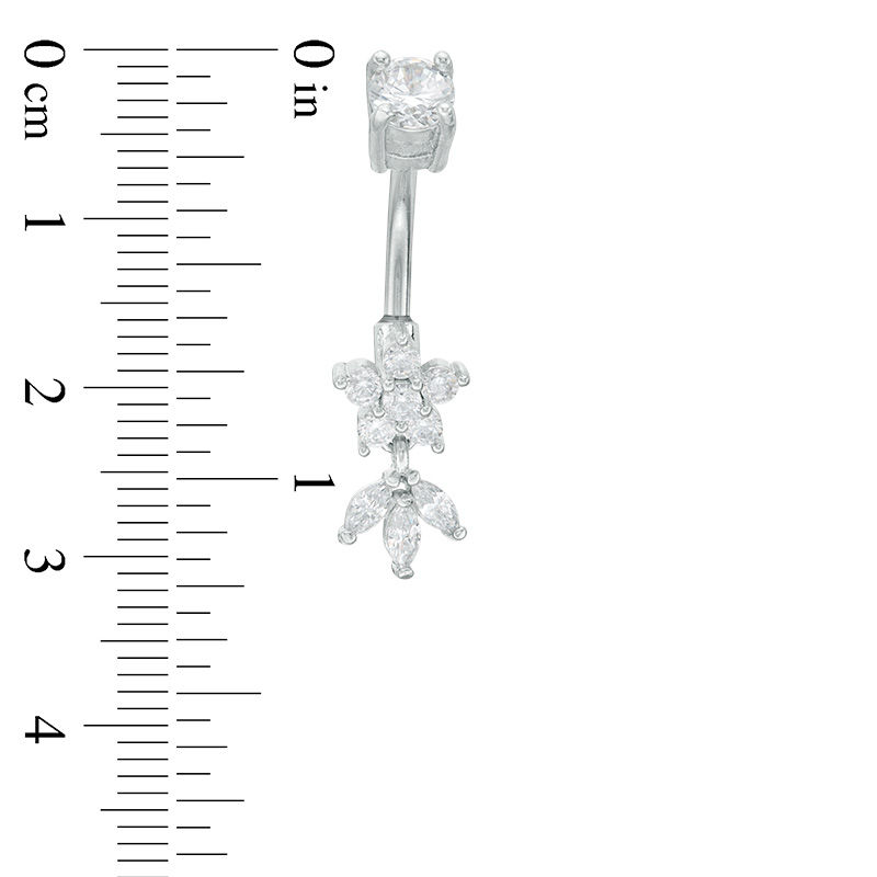 Main Image 2 of Solid Stainless Steel CZ Flower and Leaf Trio Dangle Belly Button Ring - 14G
