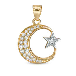Cubic Zirconia Crescent Moon and Star Necklace Charm in 10K Solid Gold