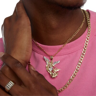 Diamond-Cut Saint Michael Necklace Charm in 10K Solid Two-Tone Gold