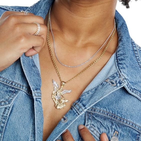 Diamond-Cut Saint Michael Necklace Charm in 10K Solid Two-Tone Gold