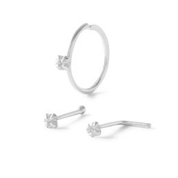 020 gauge Cubic Zirconia Solitaire Nose Stud and Ring Set in Semi-Solid Sterling Silver