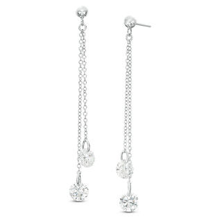 6mm Cubic Zirconia Asymmetrical Double Chain Drop Earrings in Sterling Silver