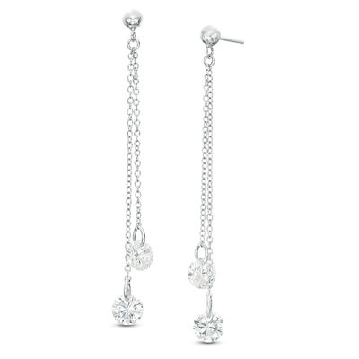 6mm Cubic Zirconia Asymmetrical Double Chain Drop Earrings in Sterling Silver