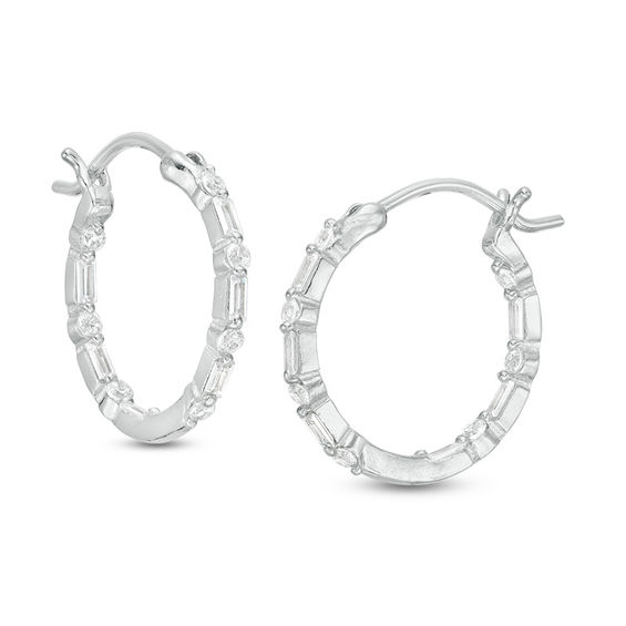 Baguette and Round Cubic Zirconia Alternating Inside-Out Hoop Earrings in Sterling Silver